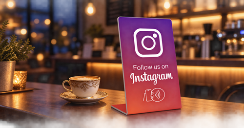 Expositor NFC Instagram en cafetería, recreación